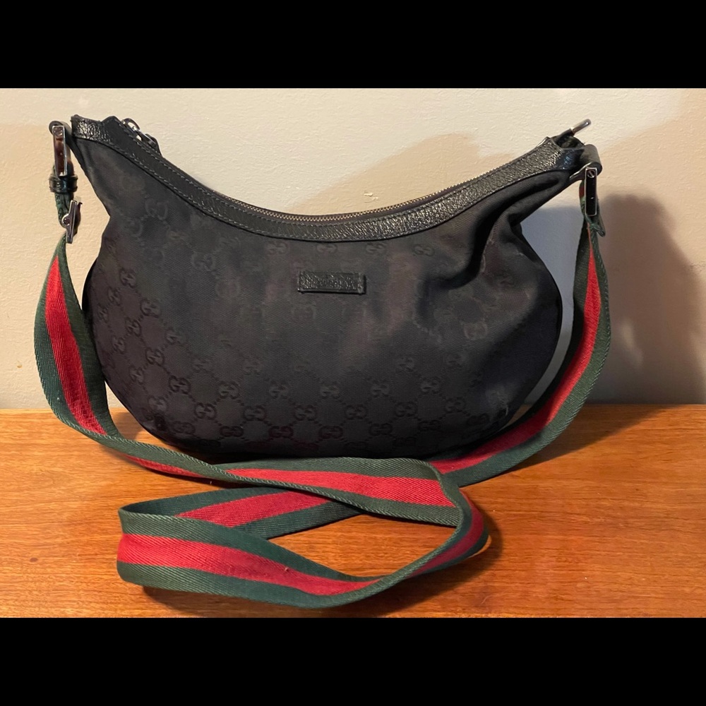 Gucci GG Black Canvas Leather Messenger Bag with Web Strap